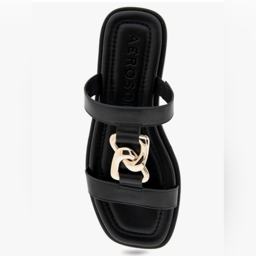 NWT- AEROSOLES Boston Black Sandals with Gold Chain Detail